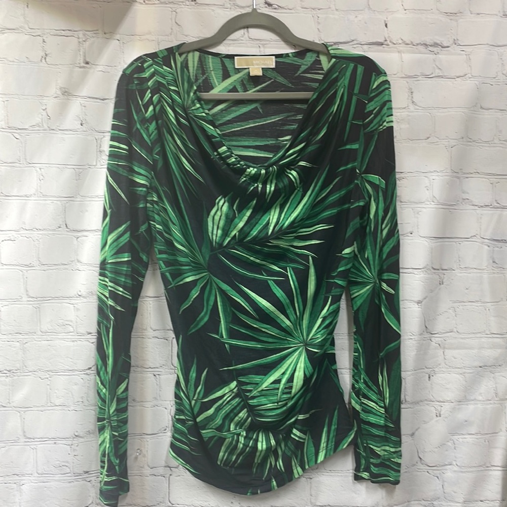 Michael Michael Kors palm leave gathered sides drape neck size medium top